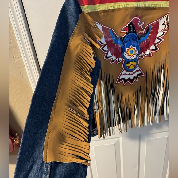 Thunderbird Print Jean Jacket Vegan Leather Fringe Colorful Eagle Western Boho - Picture 11 of 15